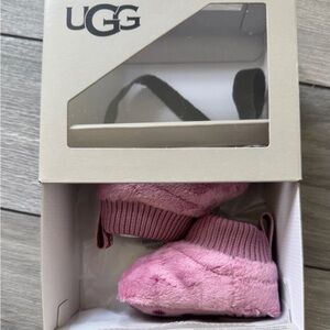 UGG Pink Plush Knit Baby Booties with Ribbed Cuff